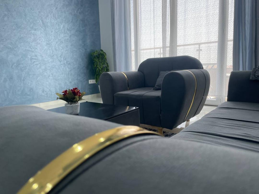 Salon canape gris dore mur bleu